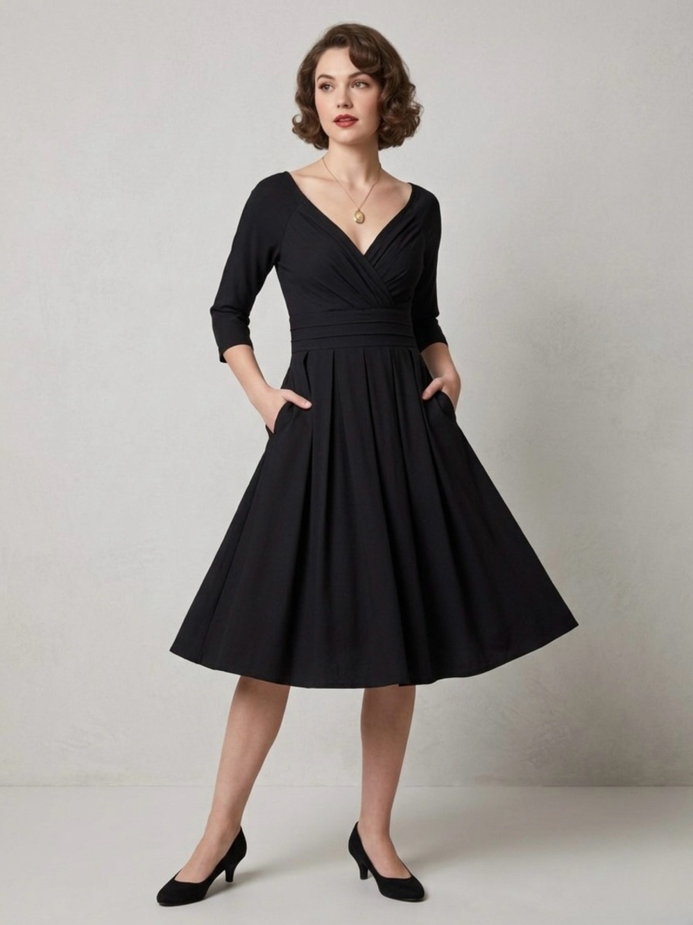 Unique Vintage Black Swing Dress Pockets Retro Mid-Century Style 3/4 Sleeve M
